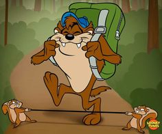 an animated squirrel carrying a backpack and pulling another squirrel on a rope in the woods