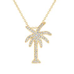 This whimsical palm tree pendant necklace will add a touch of nautical style to your look. Crafted in 10k yellow gold, this charming pendant features a palm tree silhouette adorned with sparkling round diamonds. Diamonds are 1/5ctw, I in color, and I2 in clarity. The pendant measure 13.5mm in length and 11.5mm in width and comes suspended from an adjustable 16-18inch cable chain. Military Jewelry, Palm Tree Pendant, Palm Tree Silhouette, Jewelry Education, Polymer Clay Resin, Nautical Style, Diamond Guide, Tree Silhouette, Tree Pendant