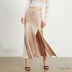 Lasaky - Premium Quality Solid Color Satin Midi Skirt with Side Slit Champagne Clothes, Skirts Flowy, Satin Maxi Skirt, Satin Midi Skirt, Short Lace Dress, Satin Maxi, Denim Midi Skirt, Satin Skirt, Casual Summer Dresses