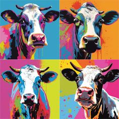 four different colored cows are shown in this painting