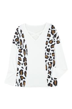 Leopard Splicing Criss Cross V Neck Blouse White Patchwork Blouse For Fall, Chic White Tops With Patchwork, Chic White Patchwork Tops, White V-neck Top With Patchwork, White Spliced V-neck Tops, One Piece Clothing, The Leopard, Blouse Online, V Neck Blouse