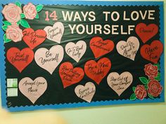 Valentines Bulletin Boards College, February Bulletin Board Ideas High School, 28 Ways To Love Yourself Bulletin Board, Ra Valentines Day Bulletin Boards, Valentine’s Day Ra Board, Valentines Ra Board, Love Yourself Bulletin Board