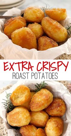 two pictures with different types of potatoes in them and the words extra crispy roast potatoes