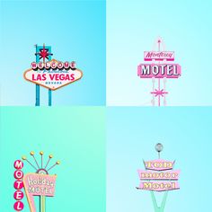 four different motels with the word welcome to las vegas written in pink and blue