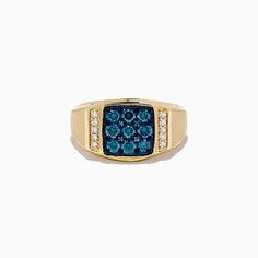 Men's 14K Yellow Gold Blue and White Diamond Ring Blue Diamond Ring With 14k Gold Accents, Blue 14k Gold Signet Ring With Gemstone, Formal Blue 14k Gold Signet Ring, Blue 14k Gold Signet Ring Fine Jewelry, Blue 14k Gold Signet Ring As Gift, Blue 14k Stamped Signet Ring For Formal Occasions, Blue Diamond Signet Ring With Polished Finish, Formal Blue Signet Ring Stamped 14k, Luxury Blue Sapphire Ring In 14k Gold