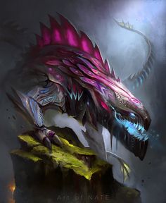 an artistic painting of a dragon with red and blue colors on it's head