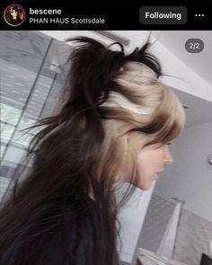 Hair Color At The End Of Hair, Wolfcut Hair Long Blonde Highlights, Feathered Hair With Curtain Bangs, Dyed Hair Blonde And Brown, Ghost Hair Dye, White Roots And Black Ends, Dyed Roots On Brown Hair