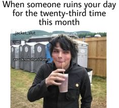 a woman holding a drink in her hand with the caption when someone runs your day for the twenty - third time this month