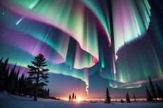 the aurora lights shine brightly in the night sky over snow covered trees and evergreens