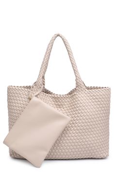 A woven construction gives this spacious and unlined tote bag it's relaxed and slouchy silhouette to compliment your on-the-go lifestyle. Synthetic Two top handles Polyurethane
 Imported Cream Woven Satchel Bag, Neutral Woven Bag With Double Handle, Neutral Woven Bags For Daily Use, Cream Rectangular Satchel With Braided Handles, Rectangular Woven Cream Bag, Rectangular Cream Woven Bag, Cream Woven Tote Shoulder Bag, Cream Woven Bag For Everyday Use, Cream Rectangular Hobo Bag With Braided Handles