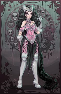 a drawing of a woman with long black hair wearing a pink and green costume, standing in