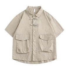 Enhance your style with this Japanese-inspired multi-pocket shirt. Crafted from a luxurious fabric, its solid color is subtle yet sophisticated, making it an excellent choice for any formal or casual occasion. The multiple pockets provide additional storage, ensuring that all of your belongings are easily accessible and secure. Experience the luxury of this timeless piece. Features: -100% Cotton -Turndown Collar -Multi-pocket Design -Solid Color -Regular Fit -Japanese Style Shirt With Pocket Design, Casual Khaki Tops With Multiple Pockets, Beige Collared Short Sleeve Shirt With Pockets, Beige Utility Tops With Pockets, Summer Shirt With Lapel Collar And Pockets, Summer Shirt With Pockets And Lapel Collar, Summer Lapel Collar Shirt With Pockets, Casual Button-up Tops With Multiple Pockets, Cotton Shirt With Multiple Pockets And Relaxed Fit