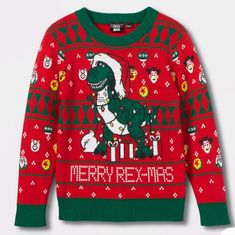 a red christmas sweater with an image of a dinosaur on it