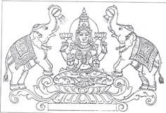 three elephants standing next to each other in front of an image of the hindu god