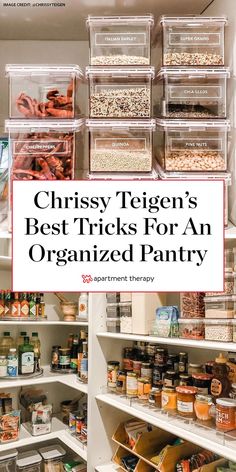 an organized pantry with clear bins filled with food