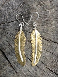 Large Feather Dream Earrings Sterling Silver Etched Gold Earrings, Gold Etched Sterling Silver Earrings, Trendy Feather Earrings, Metal Feather Earrings, Grouse Feather Earrings, Adjustable Silver Feather Earrings, Long Feather Earrings Boho, Silver Leaf-shaped Brass Earrings, Large Feathers