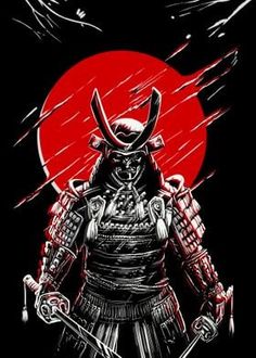 the samurai with two swords in front of a red sun, and an image of a demon