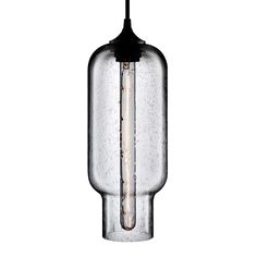 a glass light hanging from the ceiling