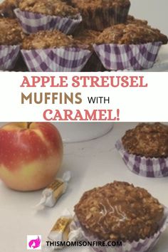 apple muffins and apples pictured with caramels Apple Baked Goods, Caramel Apple Muffins, Muffins Apple, Apple Crumble Muffins, Apple Streusel Muffins, Muffins With Streusel Topping, Crumble Muffins, Apple Streusel, Streusel Muffins