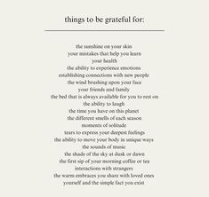 a poem written in white with the words things to be grateful for on top of it