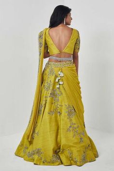 Shop for Rishi and Soujit Yellow Raw Silk Embroidered Draped Lehenga Set for Women Online at Aza Fashions Yellow Pre-draped Saree With Resham Embroidery, Elegant Yellow Choli With Traditional Drape, Traditional Drape Yellow Pre-draped Saree For Navratri, Yellow Pre-draped Saree With Dupatta For Reception, Yellow Pre-draped Saree For Navratri, Yellow Pre-draped Saree For Diwali Reception, Yellow Fitted Pre-draped Saree For Designer Wear, Yellow Fitted Pre-draped Saree For Festive Occasions, Festive Yellow Pre-draped Saree For Wedding