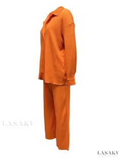 Lasaky - Chic Two-Piece Co-ord Set: Button-Front Long Sleeve Shirt and Wide Leg Pants Ensemble - Womens Fashion Collared Loungewear Sets With Buttons, Collared Sets With Buttons For Loungewear, Casual Long Sleeve Pant Set For Daywear, Casual Sets With Button Closure For Daywear, Casual Daywear Sets With Buttons, Casual Orange Workwear Sets, Shirt And Wide Leg Pants, Wide Leg Pants Outfits, Leg Pants Outfit