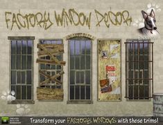 a dog is standing in front of three windows with the words factory window door on them