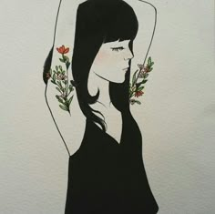 a drawing of a woman with flowers in her hair and arms behind her head, looking to the side