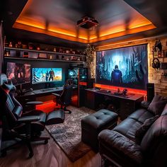 Explore this ultimate man cave gaming room, complete with black leather armchairs and sofas, a large TV and additional LED screens, vibrant red and orange neon lighting, and an array of gaming equipment. The space features a wooden floor, stylish game posters, and a well-equipped PC setup on a sleek black desk. Dark colors and atmospheric lighting create the perfect gaming haven. Gaming Room Setup For Boys, Games Room Inspiration, Small Game Rooms, Mens Bedroom Decor, Man Cave Room, Home Studio Setup, Video Game Room Design, Chill Room, Gaming Setups