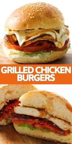 grilled chicken burgers with tomato sauce and lettuce on the side, cut in half