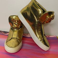 Worn A Few Times, In Good Condition. Light Signs Of Wear. Does Not Come With Original Box. Versace Gold, Versace Shoes, Gold Leather, Womens Shoes Sneakers, High Top, Top Sneakers, High Top Sneakers, Versace, Original Box