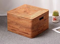 a brown wicker storage box next to a potted cactus