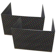 two black boxes with multicolored polka dots on the front and back, one is empty