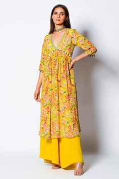 Shop for Rishi and Vibhuti Yellow Crepe Silk Alia Kurta And Palazzo Set for Women Online at Aza Fashions Silk Outfit Aesthetic, Rishi Vibhuti, Kurta And Palazzo, Yellow Kurta, Kurta Palazzo Set, Stylish Kurtis Design, Dresses Traditional, Anarkali Dress Pattern, Marigold Yellow