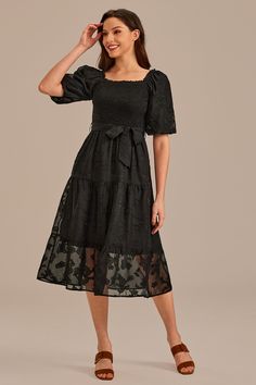 Future Wardrobe, Short Puff Sleeve, Tiered Midi Dress, Floral Midi Dress, Square Neck, Black Floral, Smocking, Puff Sleeve, Black Dress