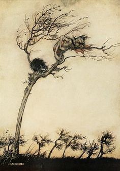 a drawing of a tree with two birds in it and one bird sitting on top of the tree