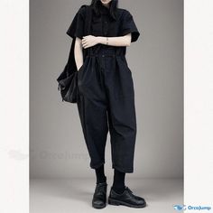 Orcajump - Loose-Fit Dark-Toned Workwear Jumpsuit with Short Sleeves and Cropped Legs Workwear Jumpsuit, Fantasy Inspo, Pant Length, Three Quarter Sleeves, Dressmaking, Work Wear, Types Of Sleeves, Loose Fitting, Jumpsuit