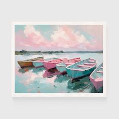 a painting of boats in the water with pink and blue clouds behind them on a white background