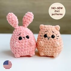 two small crocheted stuffed animals sitting next to each other on a table with the caption no - sew 2n patterns