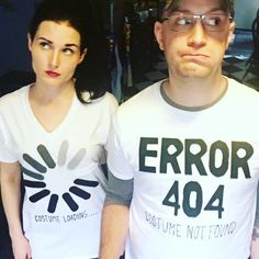 two people wearing t - shirts that say error and not found