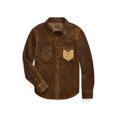 Made with roughout suede. Western-style front and back yokes. Two chest pockets and side on-seam pockets. Lined at the yokes and sleeves. Mountain Man Shirt, Trucker Shirts, Button Outfit, Western Jacket, Men Suede, Cowboys Shirt, Leather Shirt, Western Shirts, Ralph Lauren Men