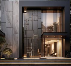 an exterior view of a modern house with stairs leading up to the front door and windows