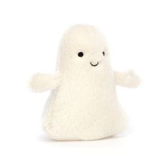 a white stuffed animal with black eyes and arms