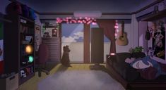 a cartoon cat sitting on the floor in a living room with an acoustic guitar hanging from the ceiling