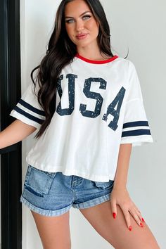 Partying Like Patriots Graphic Top (White/Red/Navy) · NanaMacs White Americana Tops With American Flag Print, White Americana Crew Neck Top, American Style White Tops For 4th Of July, American Style White Top With Flag Print, American Style White Tops With Flag Print, White American Style Top With Flag Print, White Americana Cotton Top, White American Style Top For Spring, White Cotton Americana Tops