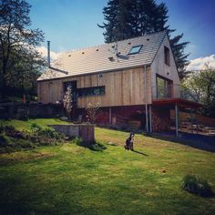 a dog sitting on the grass in front of a wooden house with a metal roof