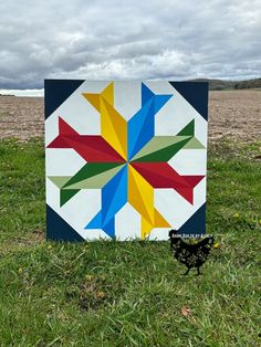 a colorful quilt sitting on top of a lush green field