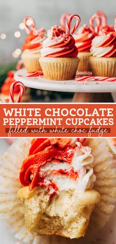 white chocolate peppermint cupcakes with whip cream frosting and candy canes