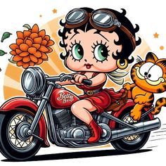 a cartoon girl on a motorcycle with a cat