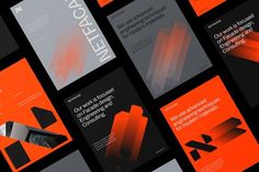 an array of orange and black brochures